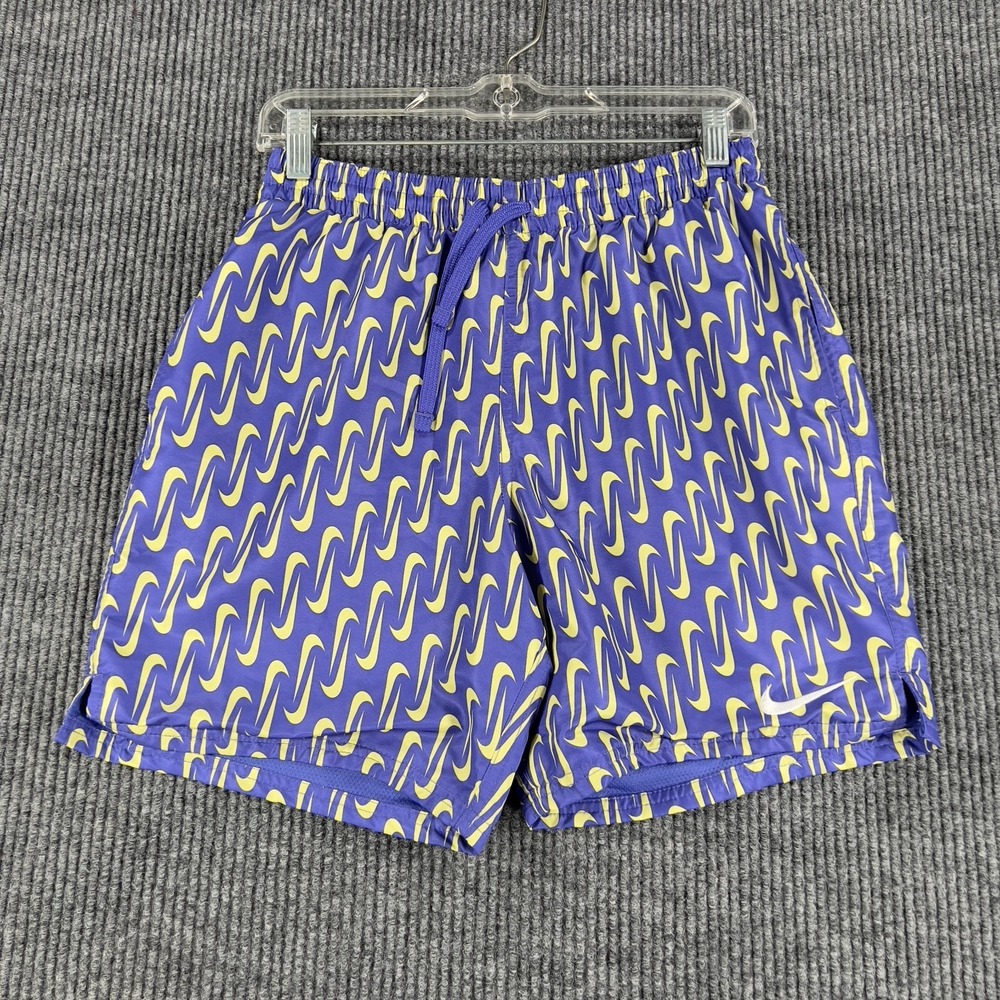 Nike Swim Trunks Shorts Mens Small Blue Geometric Swoosh Lined Pool Beach Ocean